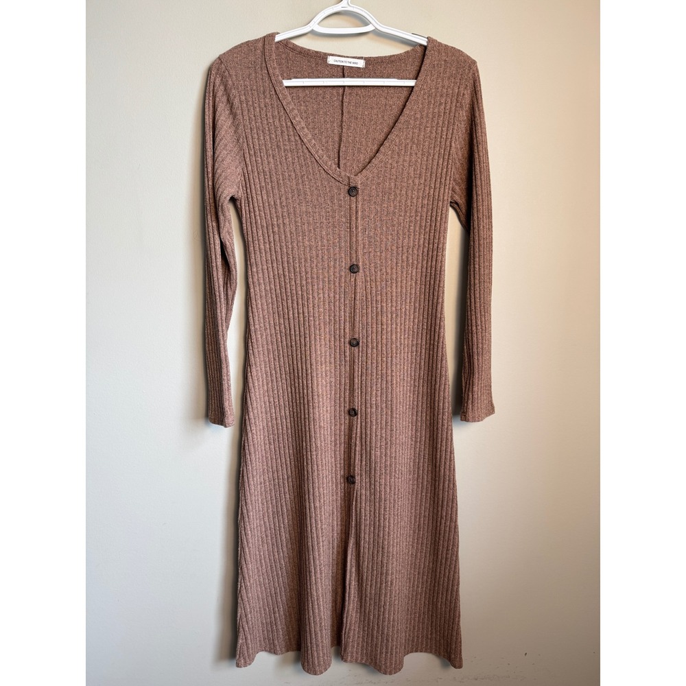 Caution To The Wind Ribbed Midi Dress Women Medium Brown Tan Casual Cozy Style